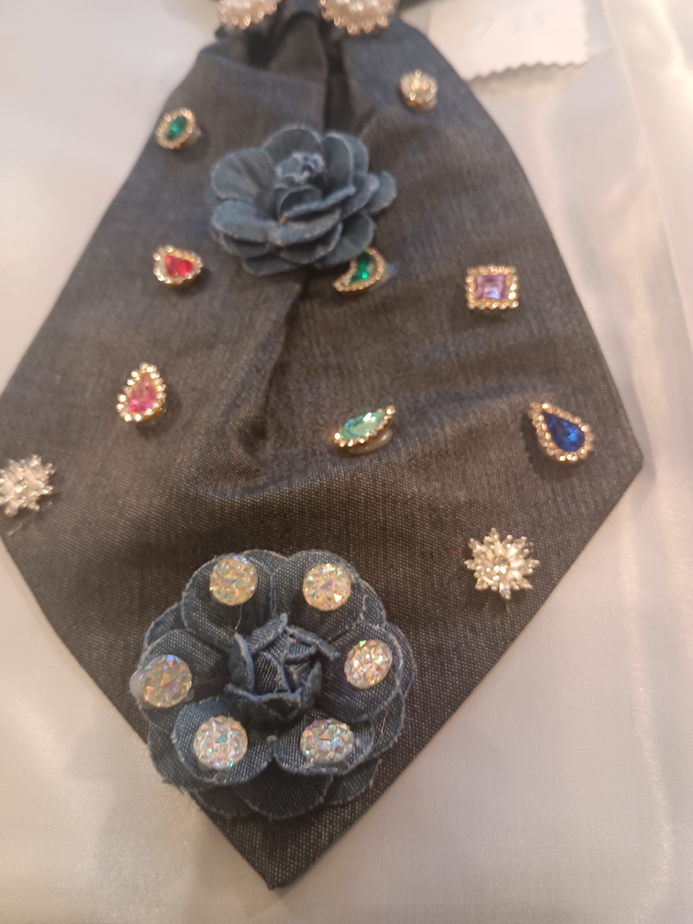 Embellished Denim Floral Tie Accent - Blue JunkTie Necklace